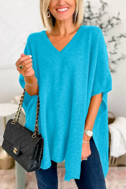Jessica | Jersey poncho liso con cuello en V, elegante corte holgado