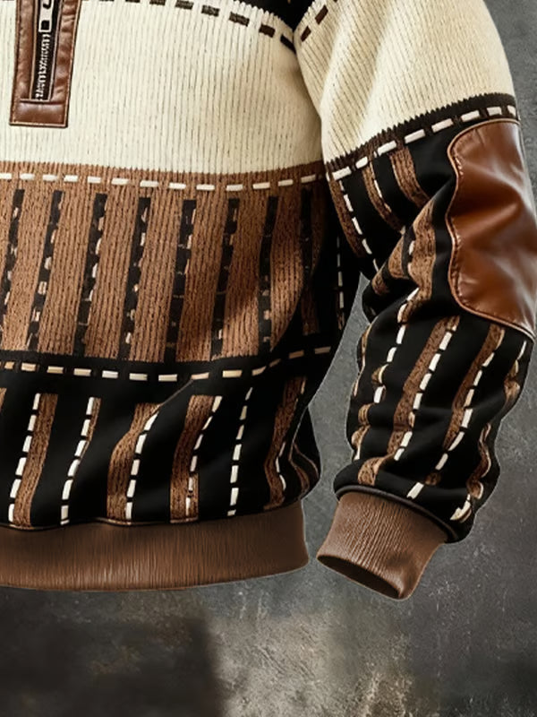 Męski Sweter Pullover Z Zamkiem Pod Szyją Patchworkowy Top