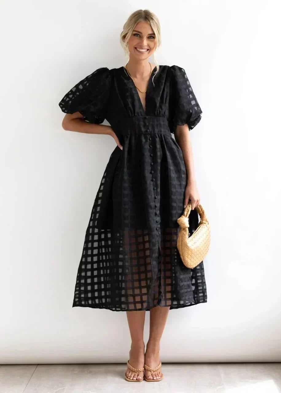 Vestido a cuadros con mangas fruncidas