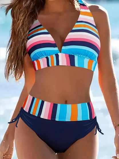 Bikini halter con estampado de rayas de colores y cordón para atar