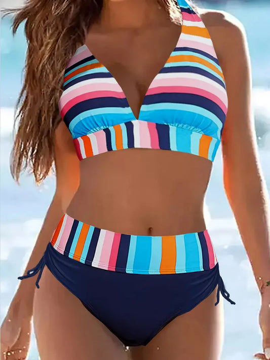 Bikini halter con estampado de rayas de colores y cordón para atar