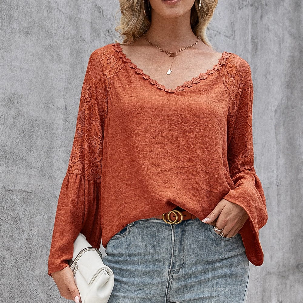 Celeste Blusa de Encaje y Manga Larga