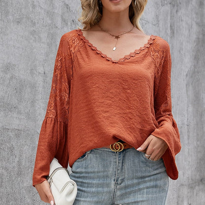 Celeste Blusa de Encaje y Manga Larga