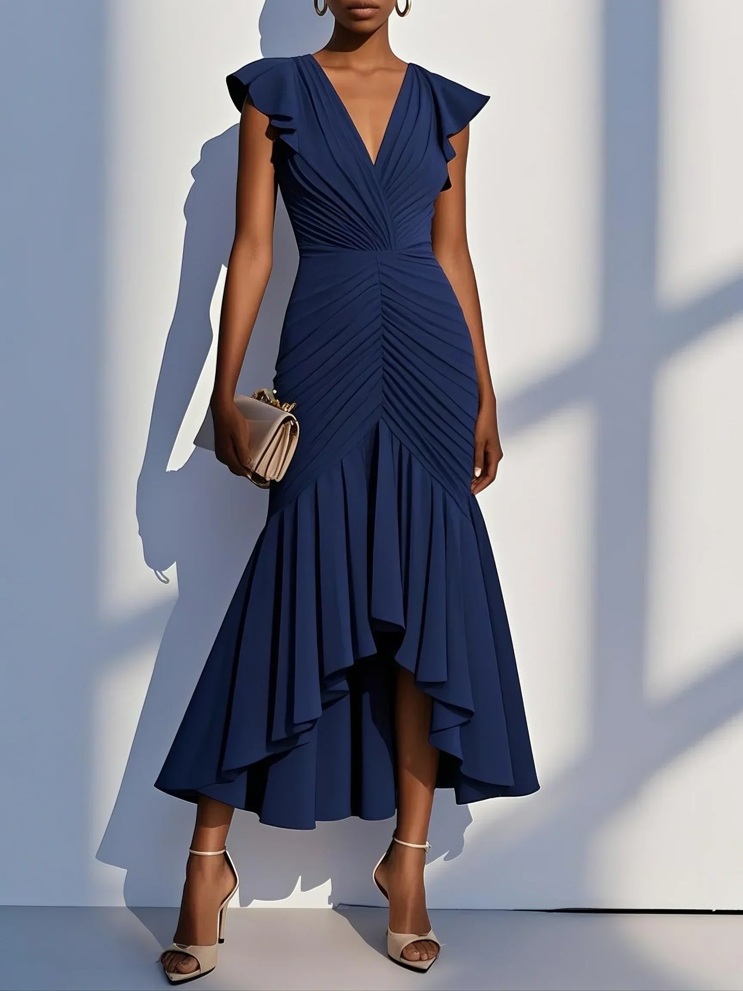 Elegante vestido de noche midi con escote con volantes y manga corta