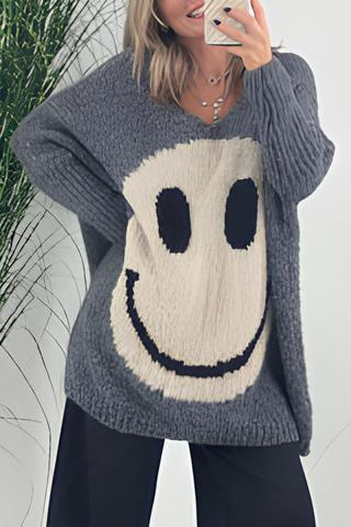 Cresty - Suéter acogedor con estampado Smiley para mujer