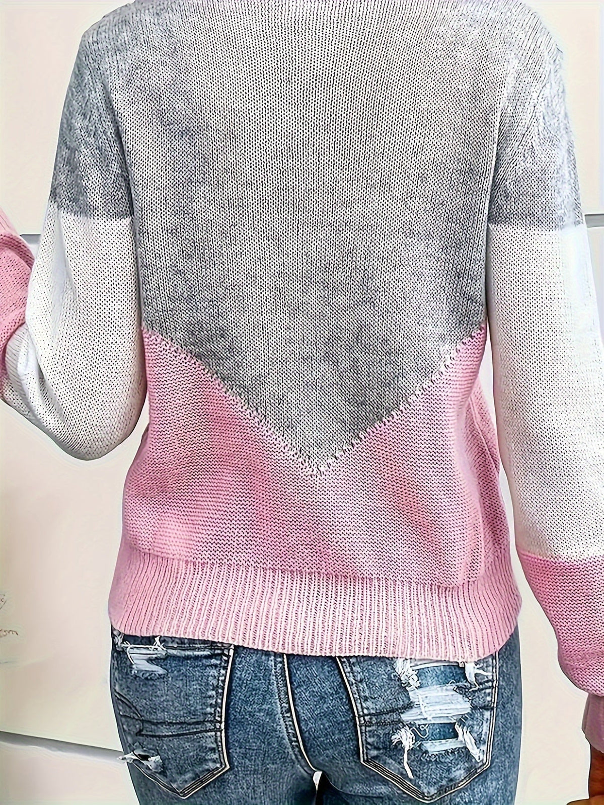 Damski Sweter Dzianinowy w Szewron Color Block Dekolt V