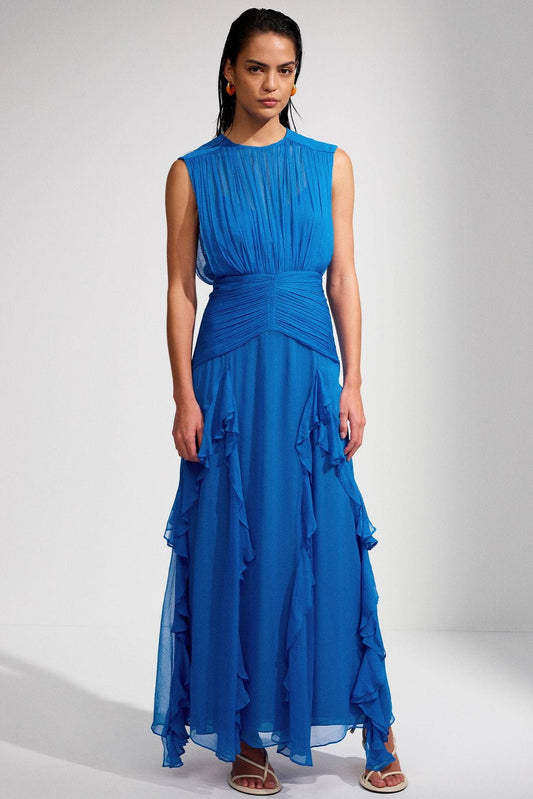 Eileen maxi vestido plisado con cuello redondo y volantes