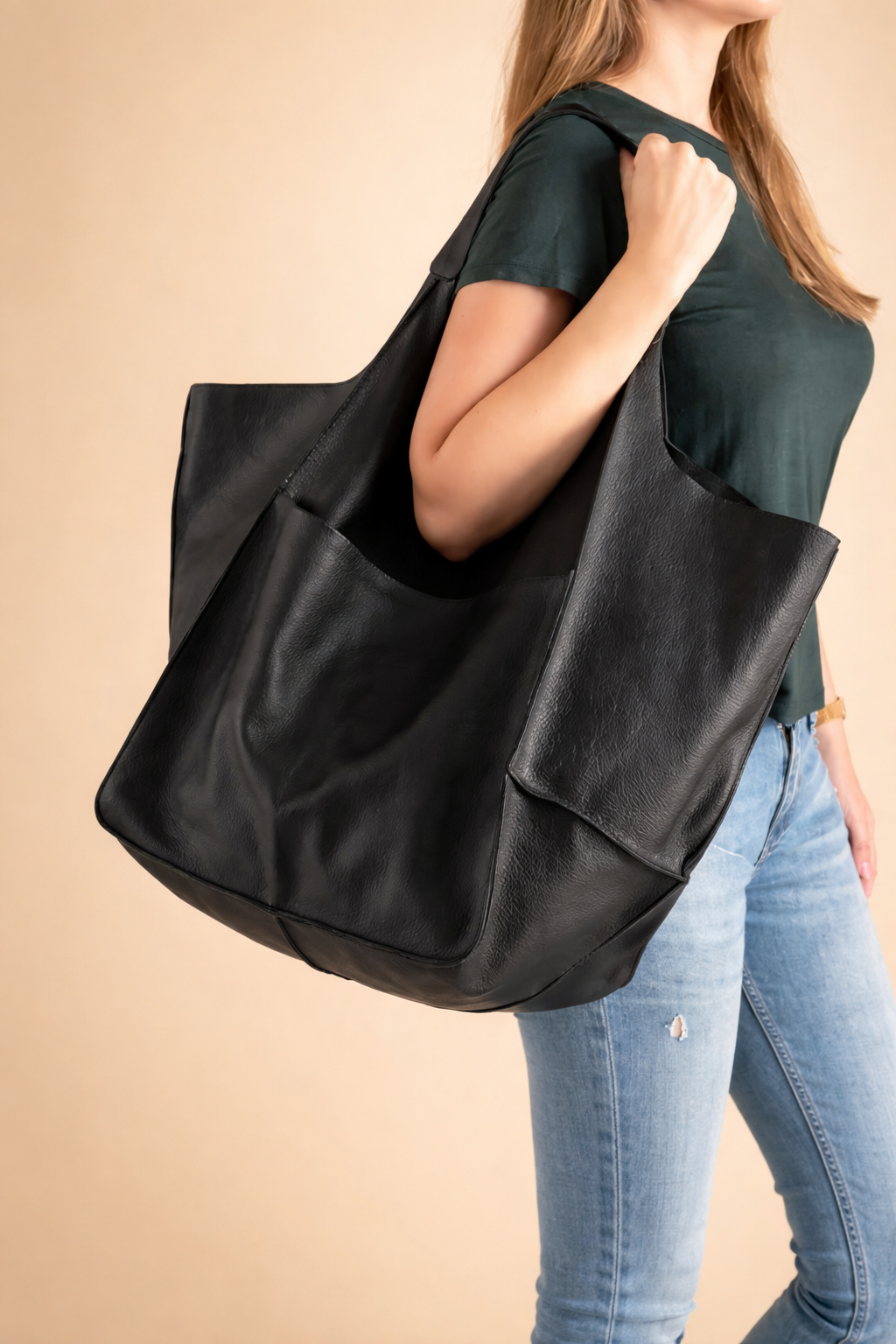 Damska Duża Torba Shopper Z Kieszeniami