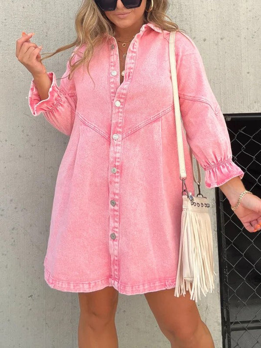 Vestido camisero vaquero rosa con mangas largas