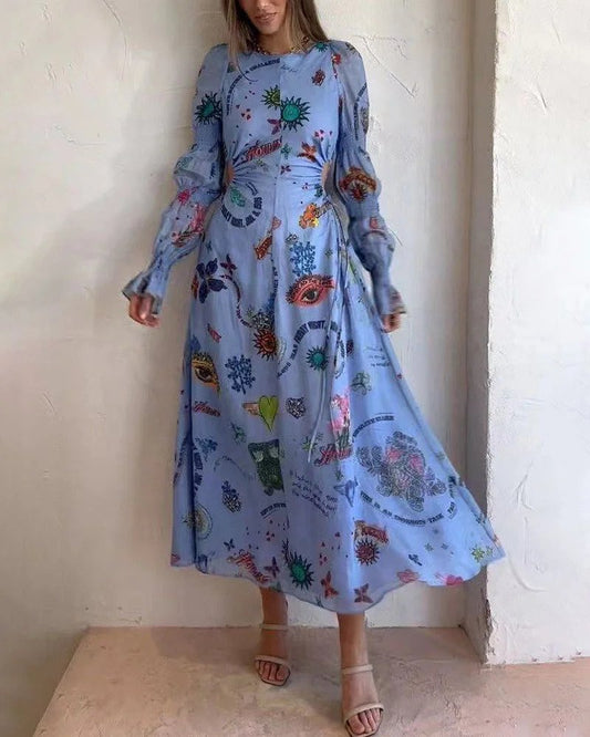 Vestido largo con cintura hueca y mangas farol pintadas individualmente