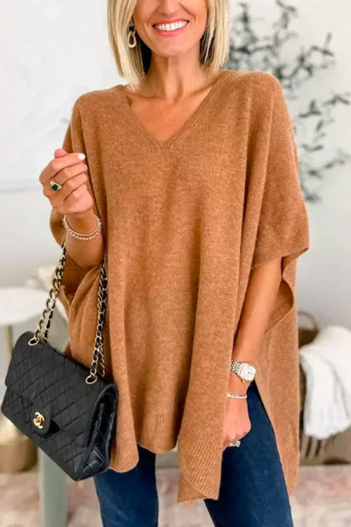 Jessica | Jersey poncho liso con cuello en V, elegante corte holgado