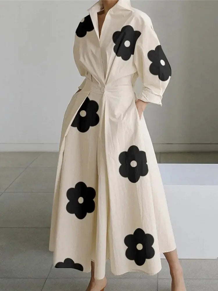 maxi vestido de talle alto con estampado y temperamento