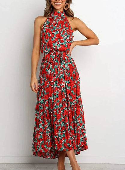 Vestido largo estampado con lazo en la cintura