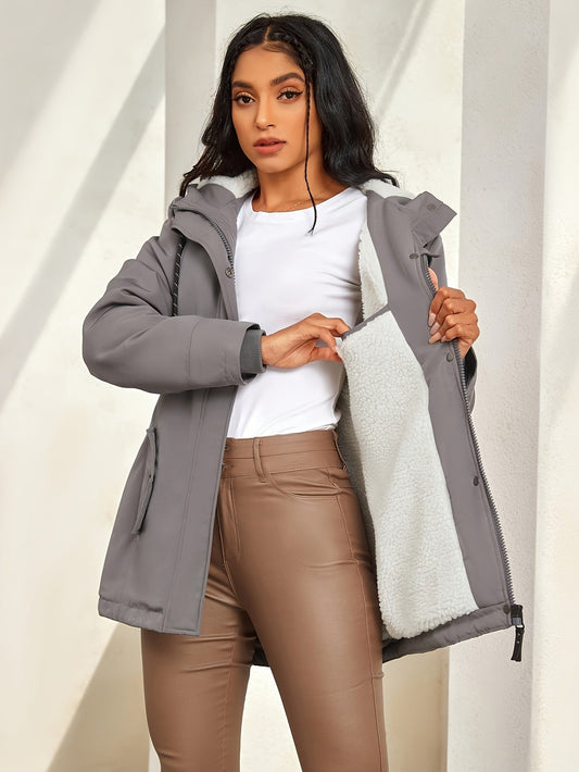 Chaqueta casual de invierno gris con capucha forrada de piel sintética para mujer | Ideal para otoño/invierno