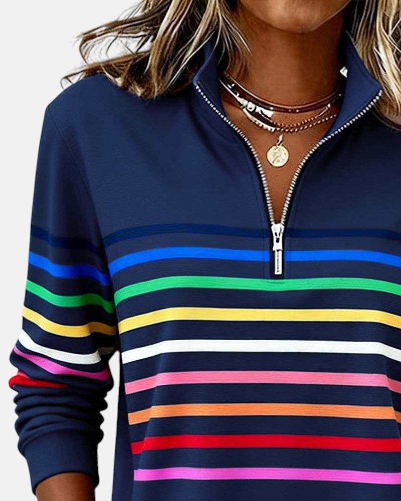 Damska Bluza Pullover W Paski Z Zamkiem Pod Szyją