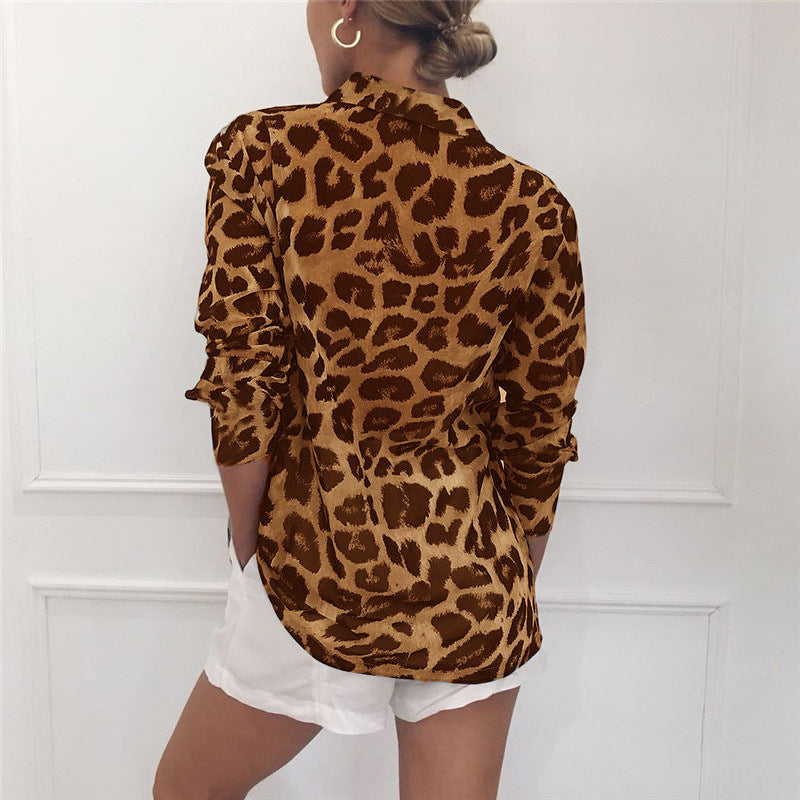 Kassie - Elegante blusa de manga larga con estampado de leopardo Cuello vuelto