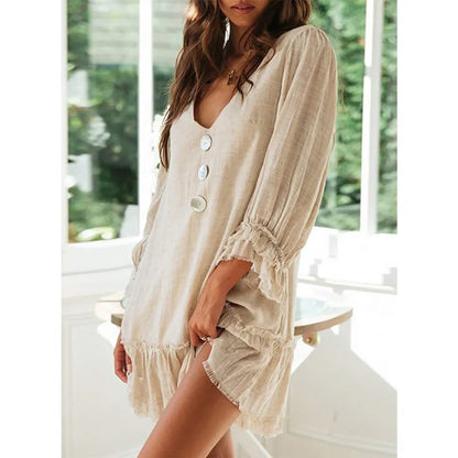 Vestido casual con mangas acampanadas, cuello en V y flecos