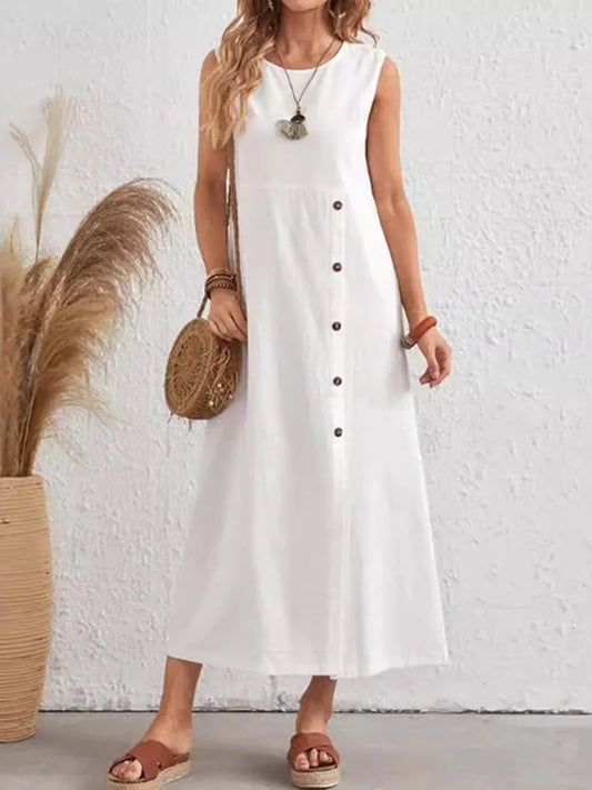 Vestidos midi sueltos, sin mangas, asimétricos, con botones, abertura delantera, abertura en la cintura y escote redondo