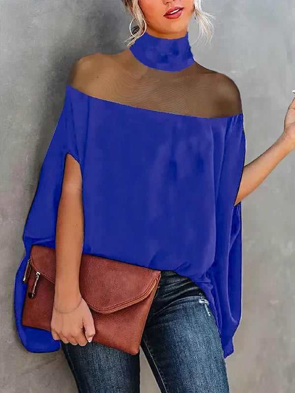 Gwyneth - Blusas transparentes y camisas con cuello alto y mangas murciélago