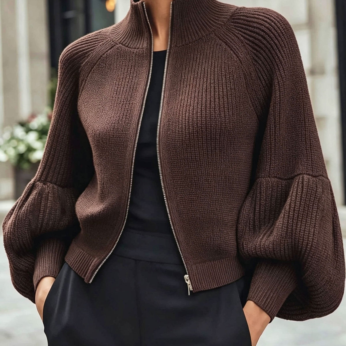 Damski Sweter Rozpinany na Zamek Bufiaste Rękawy