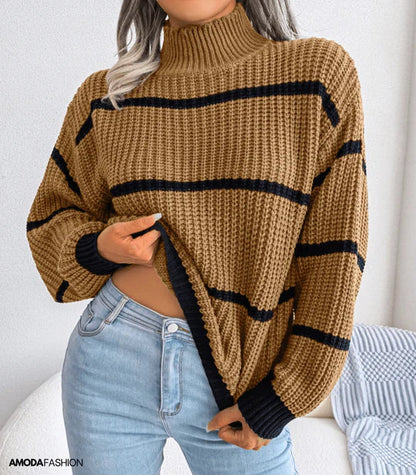 Jersey de rayas de cuello alto y manga larga, de punto