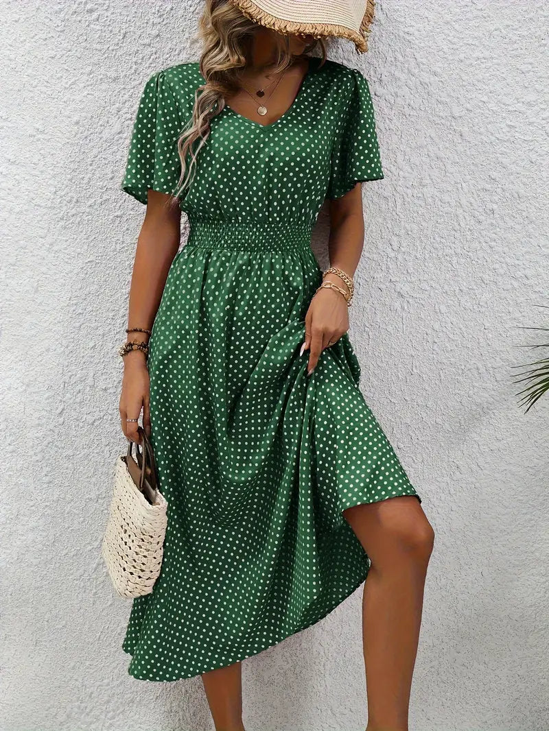 Vestido con estampado all-over y cintura redondeada, vestido casual con manga corta