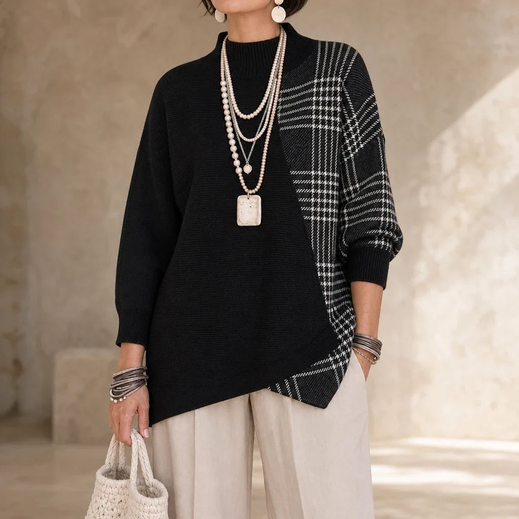 Sweter Damski Oversize Asymetryczny Kraciasta Wstawka