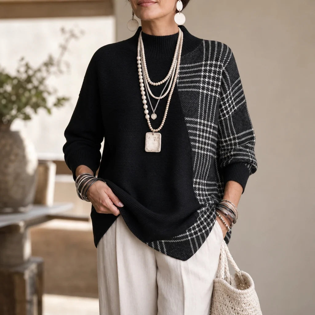 Sweter Damski Oversize Asymetryczny Kraciasta Wstawka
