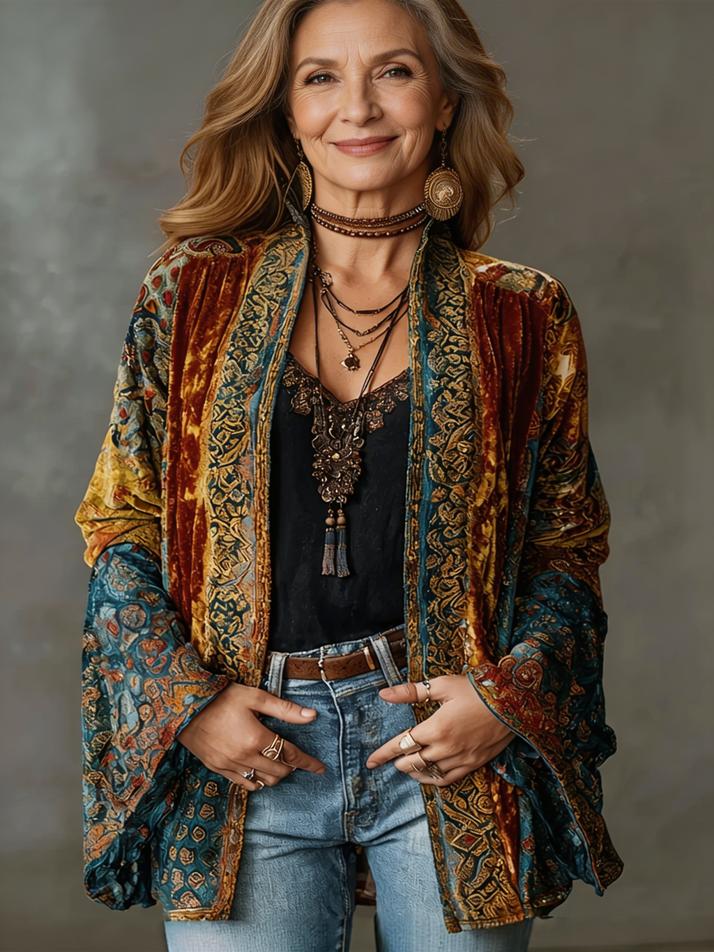 Damski Wzorzysty Kardagan Kimono w Stylu Boho z Otwartym Przodem