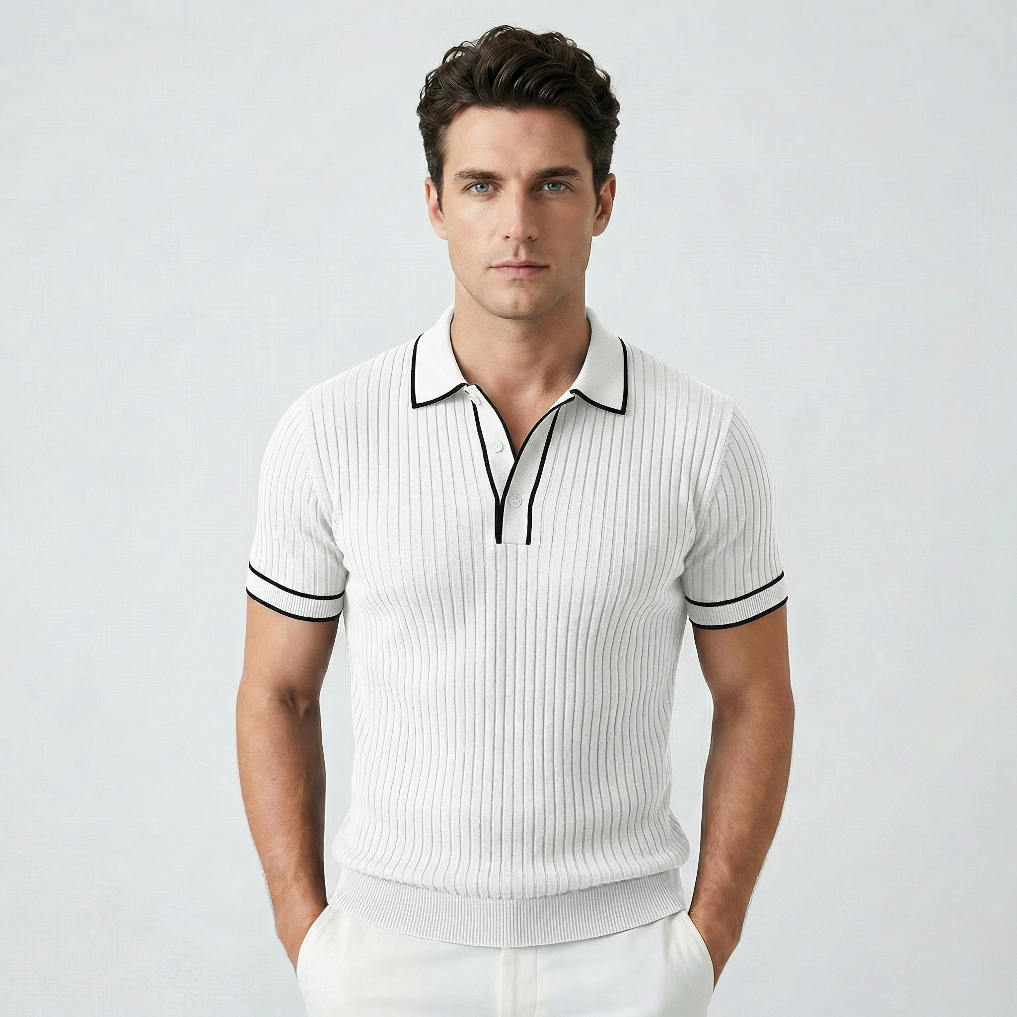 Męski Polo Slim Fit z Prążkowanej Dzianiny