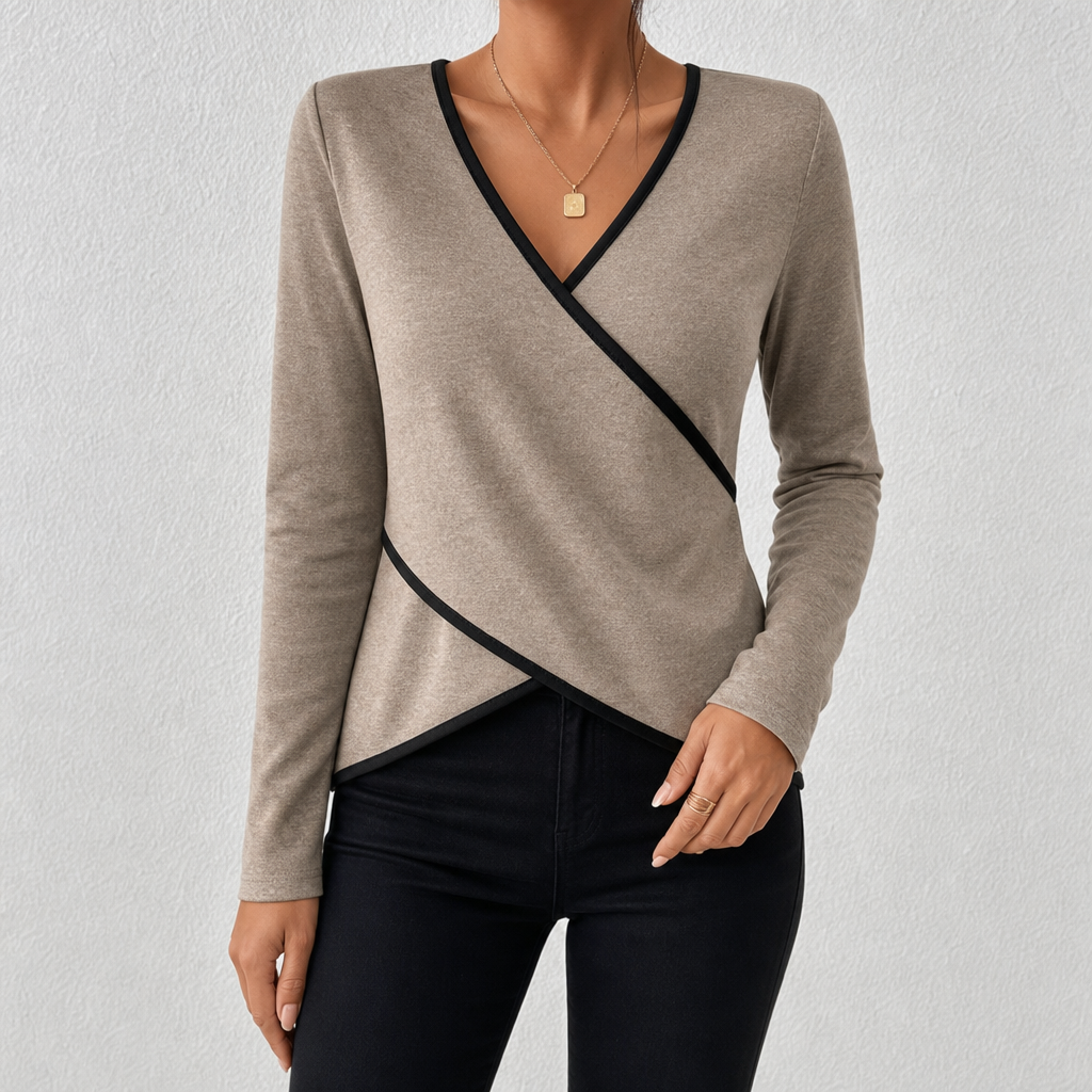 Damski Elegancki Sweter Kopertowy z Kontrastową Lamówką