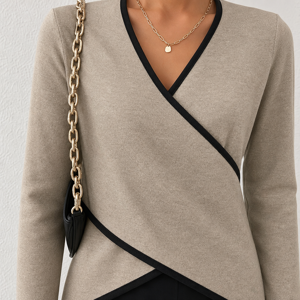 Damski Elegancki Sweter Kopertowy z Kontrastową Lamówką