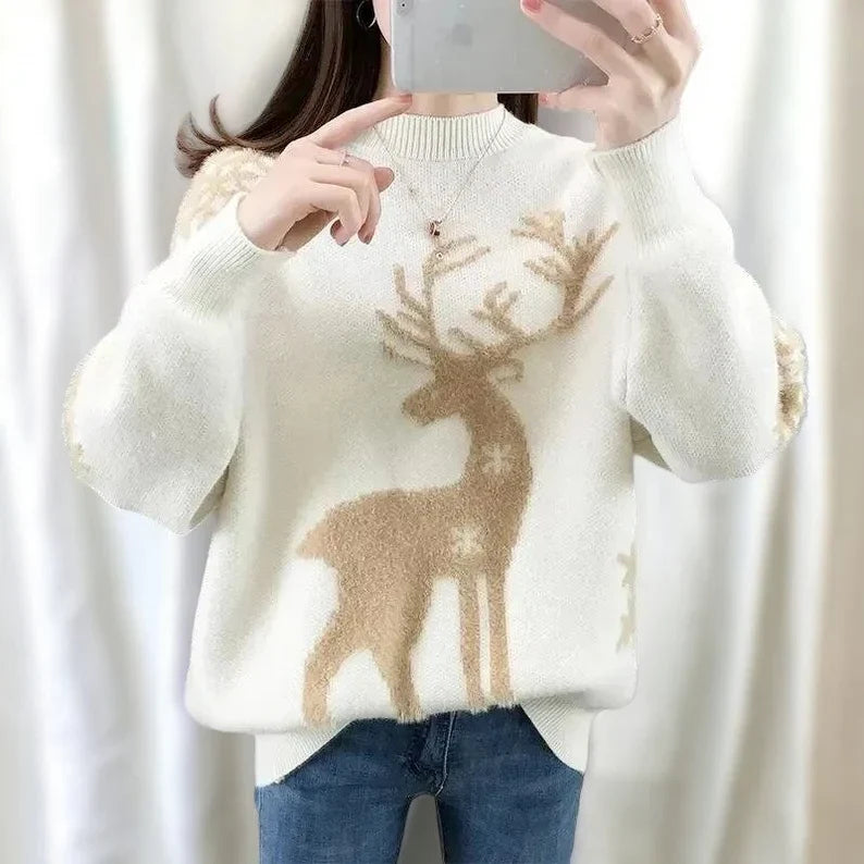 Isabell | Cálido jersey de punto con escote redondo y estampado de ciervos y copos de nieve para mujer