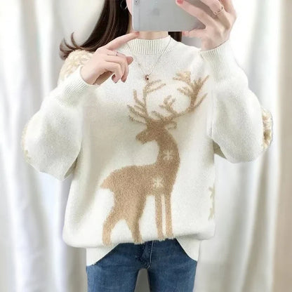 Isabell | Cálido jersey de punto con escote redondo y estampado de ciervos y copos de nieve para mujer