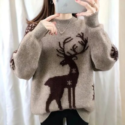 Isabell | Cálido jersey de punto con escote redondo y estampado de ciervos y copos de nieve para mujer