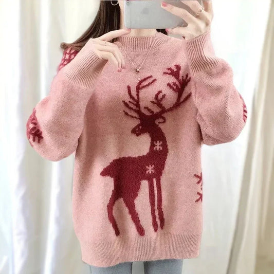 Isabell | Cálido jersey de punto con escote redondo y estampado de ciervos y copos de nieve para mujer