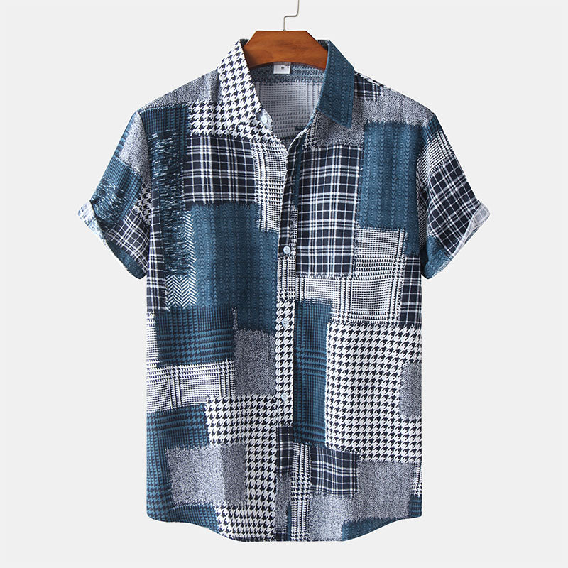 Camisa de hombre con estampado abstracto y manga corta de estilo retro