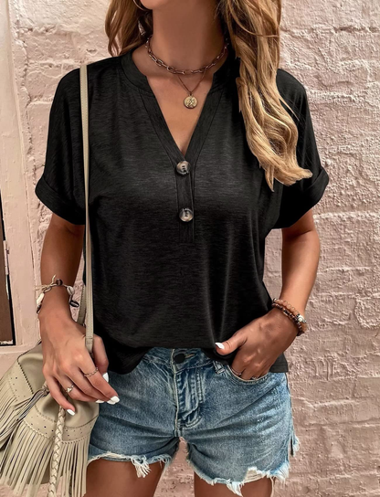 Blusa informal con cuello en V - Cierre con botones y diseño holgado