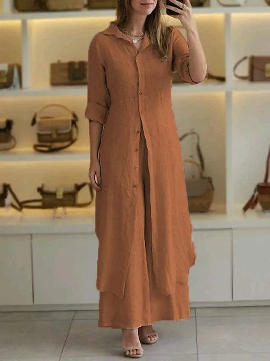 Conjunto largo con camisa maxi abotonada de manga larga y pantalón fluido