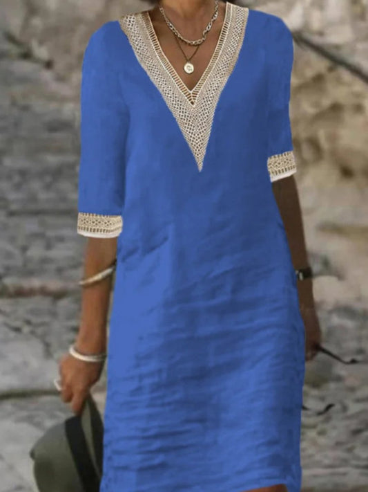 Vestido casual de mezcla de lino con detalles de encaje