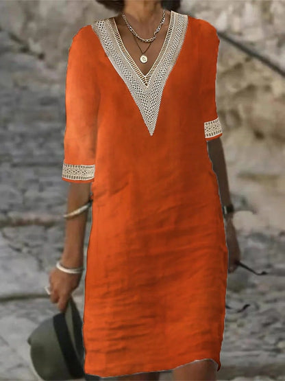 Vestido casual de mezcla de lino con detalles de encaje