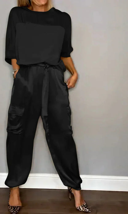 Conjunto de dos piezas con top y pantalón de raso unicolor para mujer