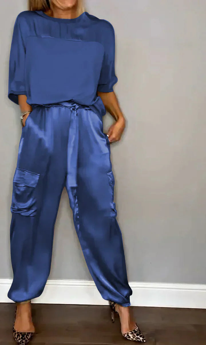Conjunto de dos piezas con top y pantalón de raso unicolor para mujer