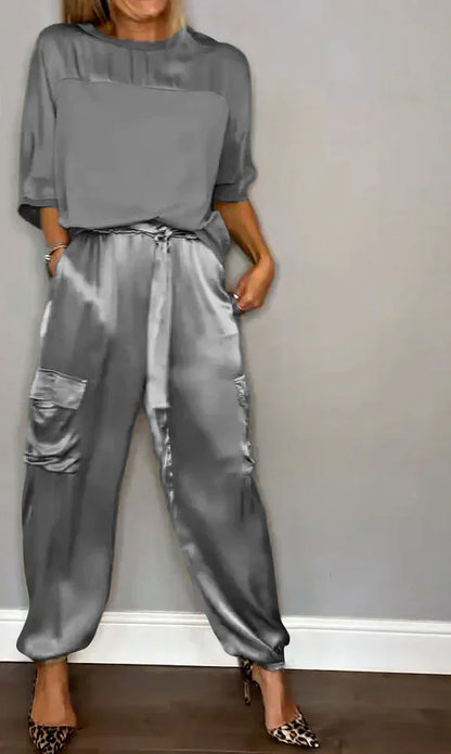 Conjunto de dos piezas con top y pantalón de raso unicolor para mujer