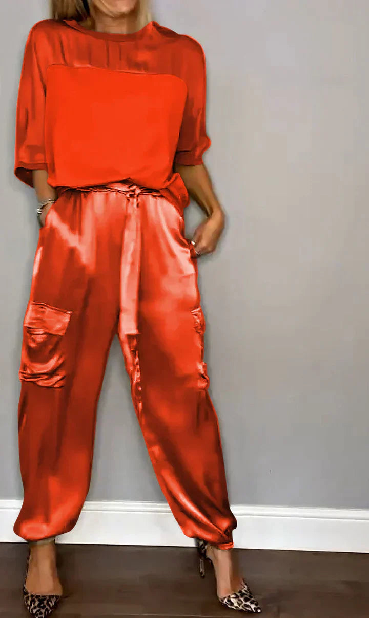 Conjunto de dos piezas con top y pantalón de raso unicolor para mujer