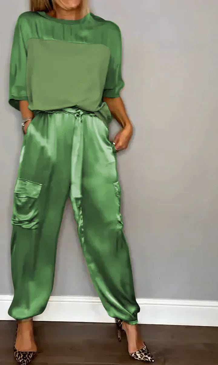 Conjunto de dos piezas con top y pantalón de raso unicolor para mujer