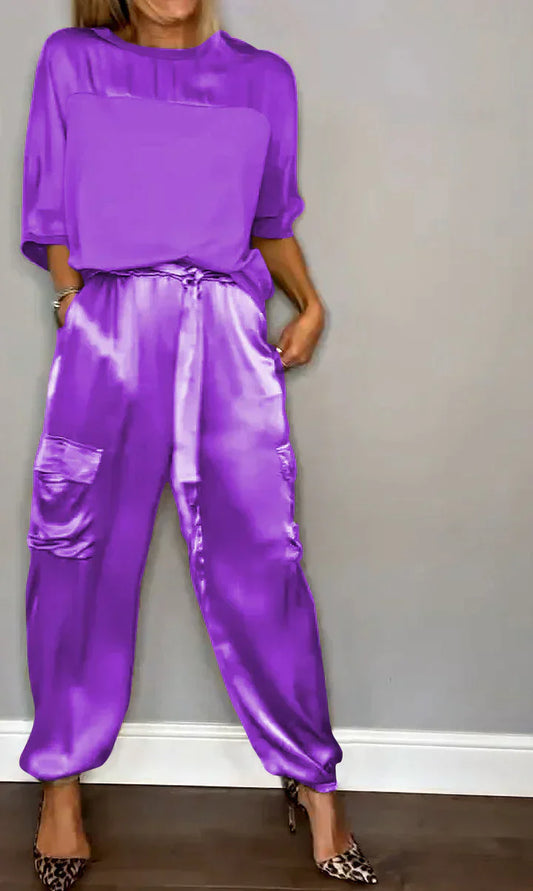 Conjunto de dos piezas con top y pantalón de raso unicolor para mujer