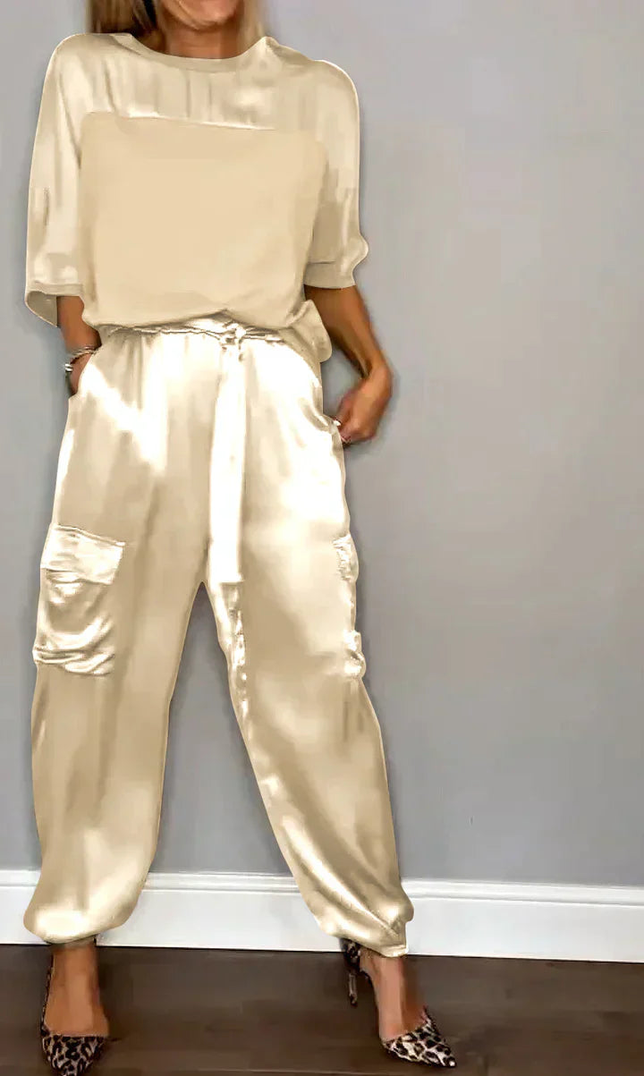 Conjunto de dos piezas con top y pantalón de raso unicolor para mujer