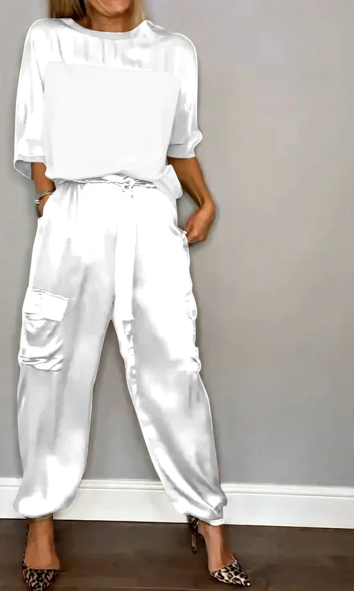 Conjunto de dos piezas con top y pantalón de raso unicolor para mujer