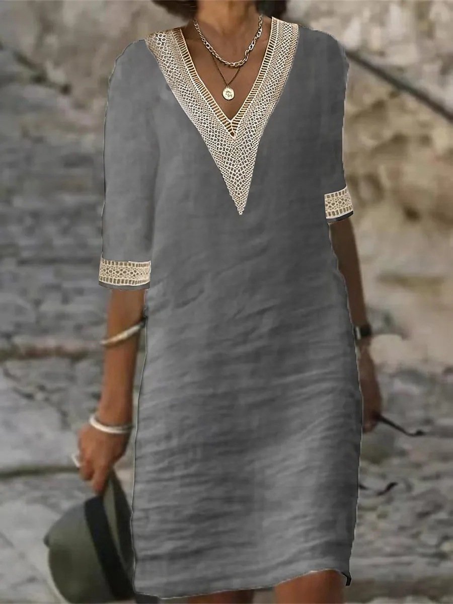 Vestido casual de mezcla de lino con detalles de encaje